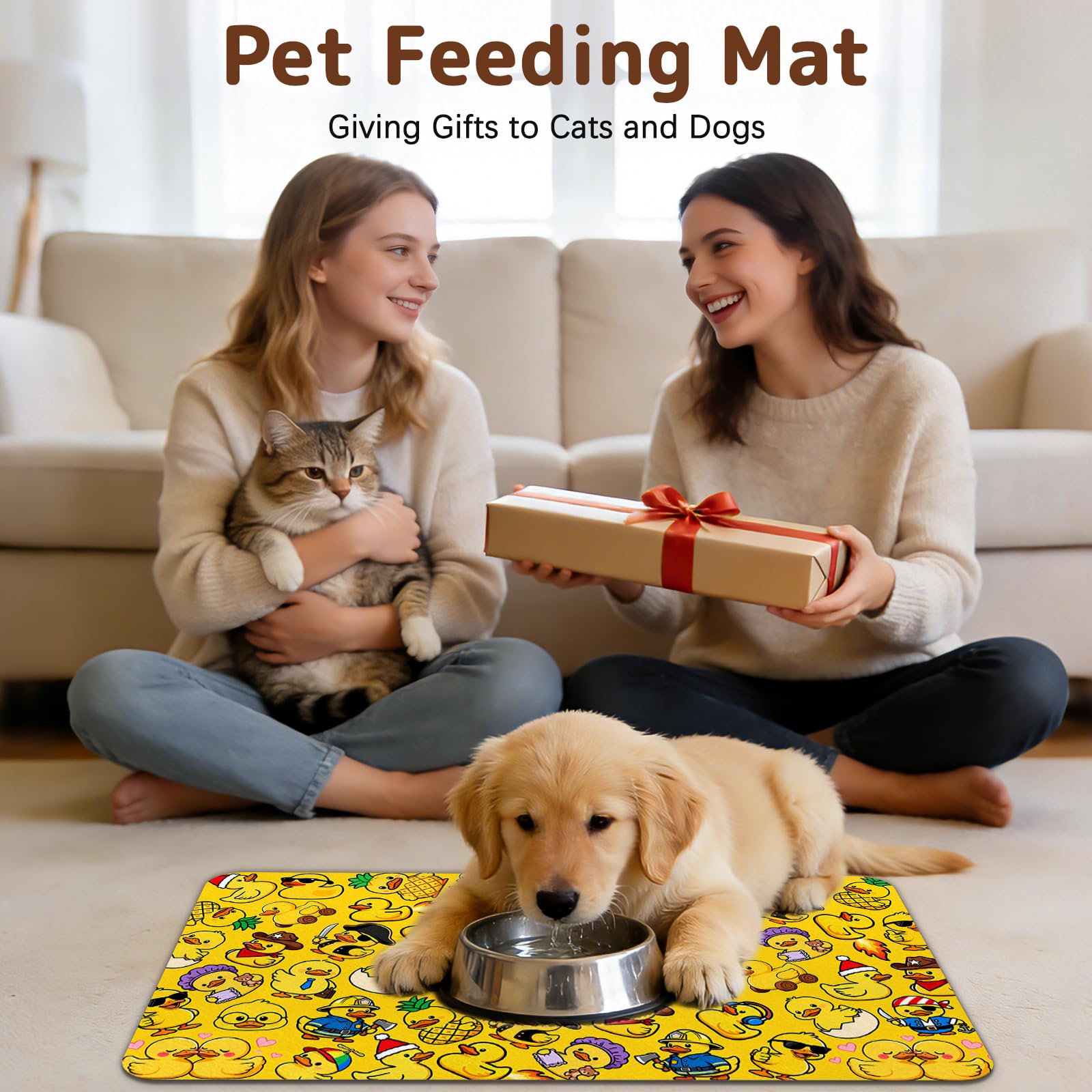 Dog Food Mat for Bowls, Absorbent Quick Dry Dog Cat Mats for Food and Water, Non-Slip Backing Pet Mat Pet Supplies - Duck Pattern