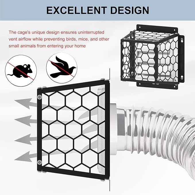 Universal Dryer & Exhaust Vent Bird Guard Heavy Duty Steel Animal Proof Cover for 3-4" Vents, Fits Dryer/Bathroom/Kitchen Fans, 7"x7"x5" Easy Install