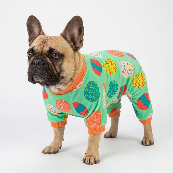 Fitwarm Easter Egg Dog Pajamas, Holiday Dog Clothes for Small Dogs Girl Boy, Pet Easter Outfit, Puppy Cat Onesie, Lightweight Velvet, Light Green, Orange, XL