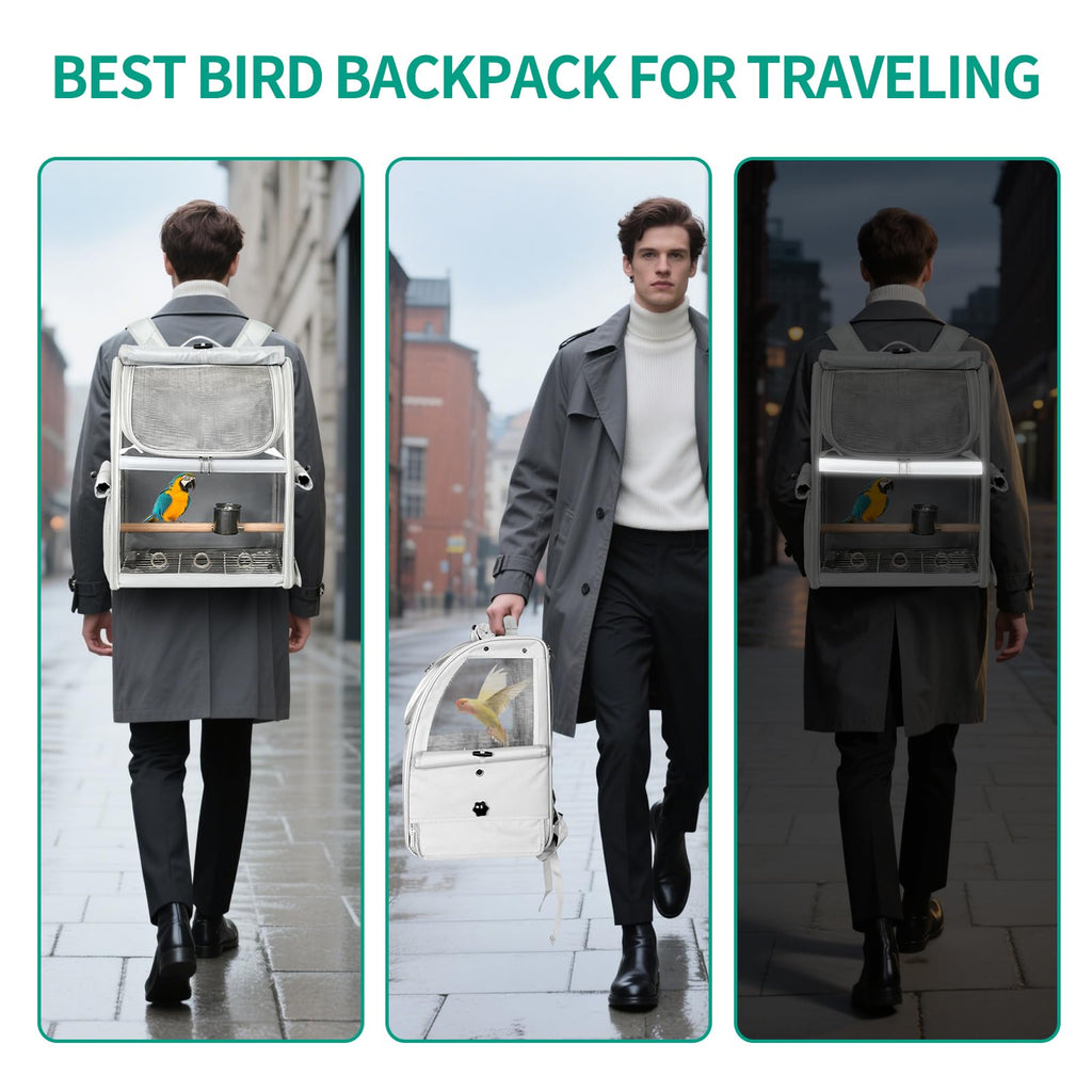 GREGCE Bird Carrier Bag, Bird Travel Cage with Standing Perch and Indestructible Stainless Steel Mesh, Protable Transparent Breathable Carrier with Feeder Cups for Small Birds Parrot Parakeet, Grey