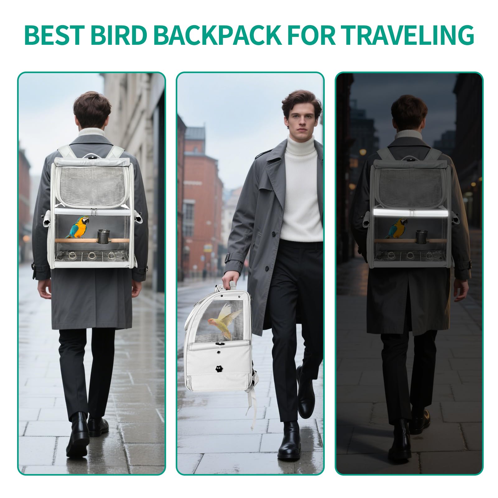 GREGCE Bird Carrier Bag, Bird Travel Cage with Standing Perch and Indestructible Stainless Steel Mesh, Protable Transparent Breathable Carrier with Feeder Cups for Small Birds Parrot Parakeet, Grey