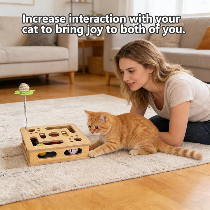 MUCAOL Cat Scratch Puzzle Enrichment Box,Clawcraft Wooden Cat Scratcher,No Assembly Required,Built-in Sandpaper Trims Your pet's Claws as They Play(Burlywood Color)