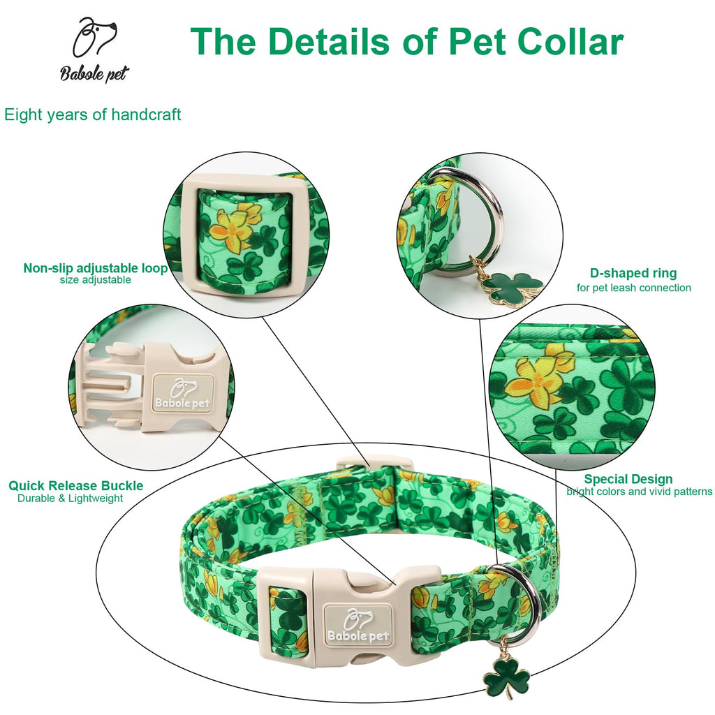 Babole Pet St. Patrick's Day Dog Collar for Large Dogs - Green Shamrock & Yellow Flower Print Dog Collars, Cute Irish Party Puppy Collar, Lightweight Adjustable St. Patricks Day Pet Collars XL