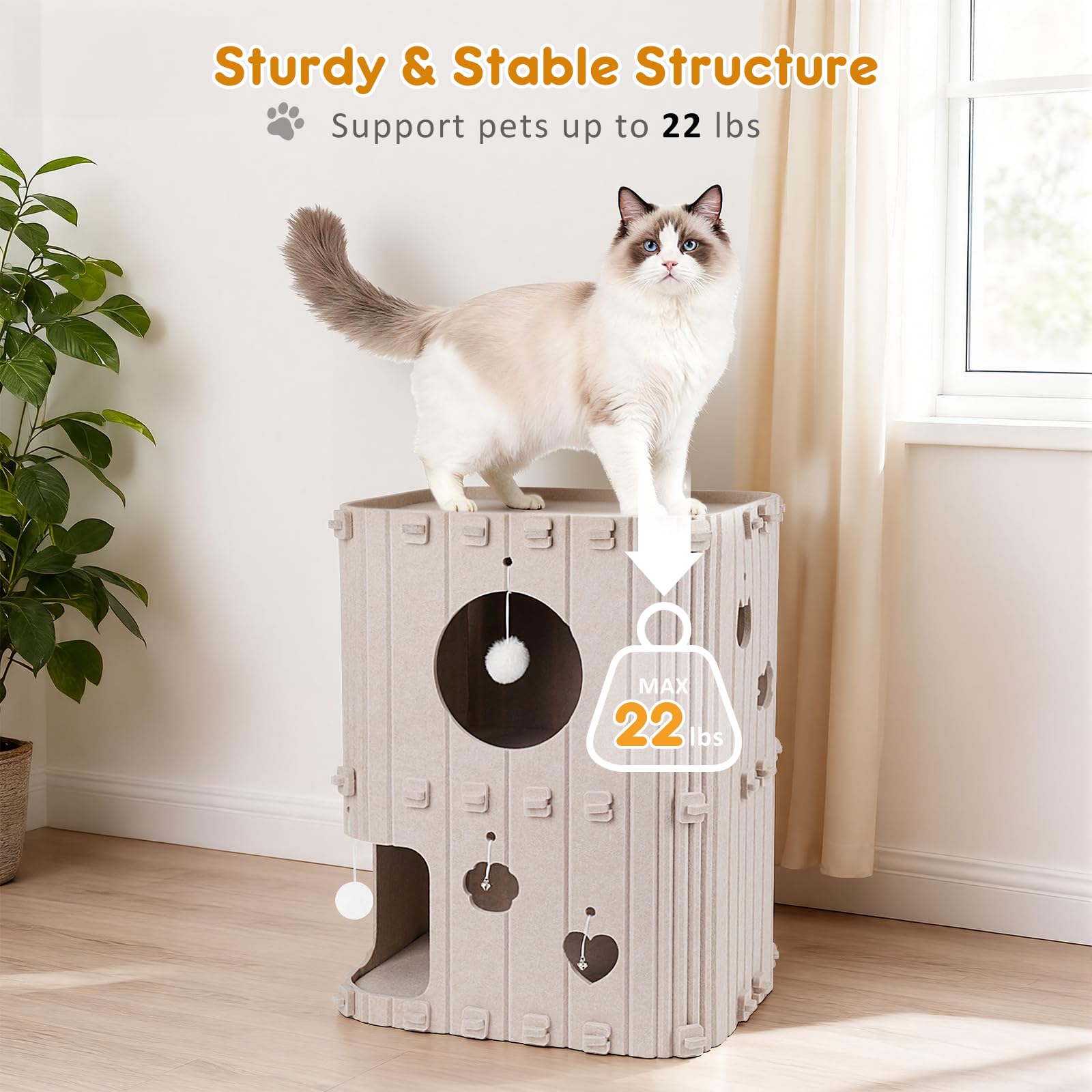 TOYSBOOM Cat House for Indoor Cats - 2-Story Enclosed Cat Bed Cave for Multiple & Large Cats, Felt Covered Pet Hideaway Tunnel Condo House, Kitty Hut Hideout Cube, Scratch Resistant, Beige