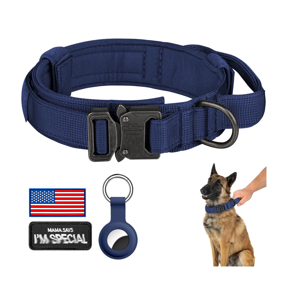 DAGANXI Tactical Dog Collar, Adjustable Military Training Nylon Dog Collar with Control Handle and Heavy Metal Buckle for Medium and Large Dogs, with Patches and Airtags Case (L, Pink)
