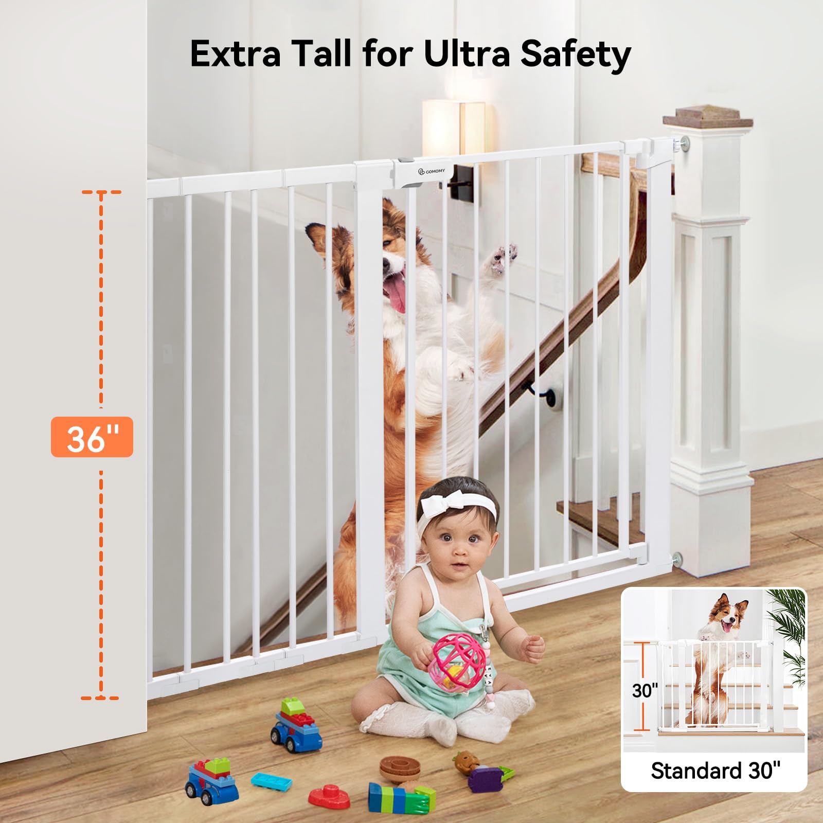 COMOMY 36" Extra Tall Baby Gate for Stairs, Fits 29.5" to 48.8" Openings