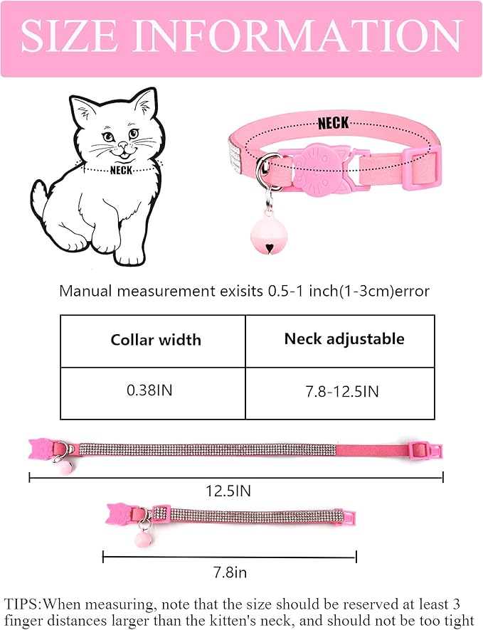Cat Collars for Girl Cats with Rhinestone Soft Velvet,Breakaway Cat Collars with Bell,Adjustable Safe Kitten Collar (Pink)