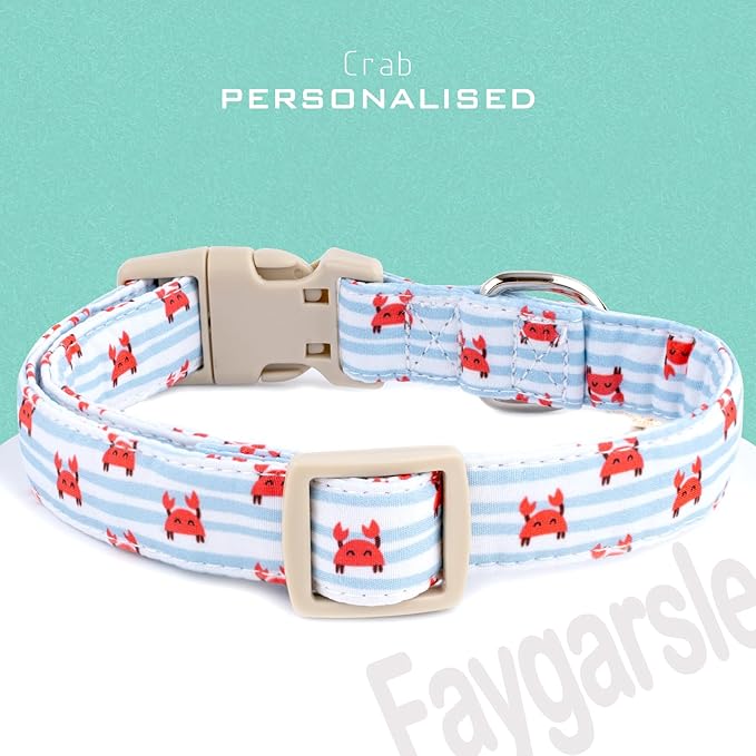 Faygarsle Cute Crab Pattern Dog Collar, Cotton Fabric, Light Blue Stripes, for Small Medium Large Dogs, M