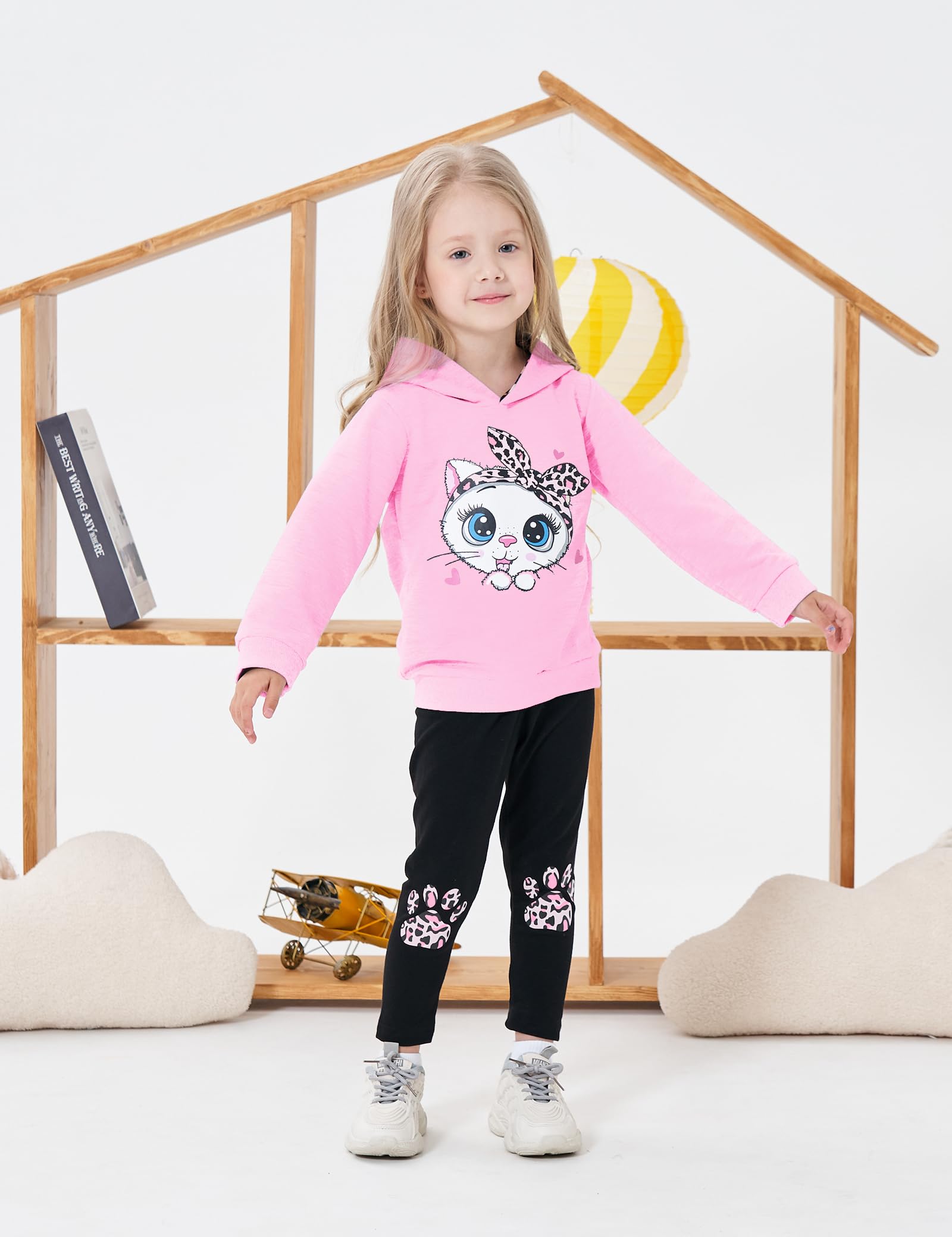 Axumity Toddler Girl Clothes Cat Print Pullover Sweatshirt + Leopard Print Pant 2-Piece Kid Girl Fall Winter Pants Set(5-6T)