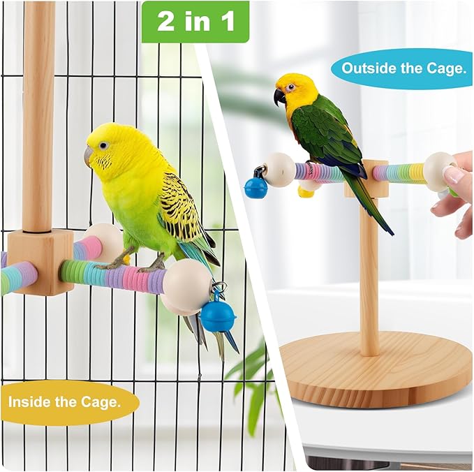 HOORITO Bird Perch Toy,360°Interactive Rotating Bird Perches for Cage,2-in-1 Wooden Stand Can be Used Inside&Outside Cage,Parrot Toys for Parakeets Lovebirds Conures Budgies Cockatiels