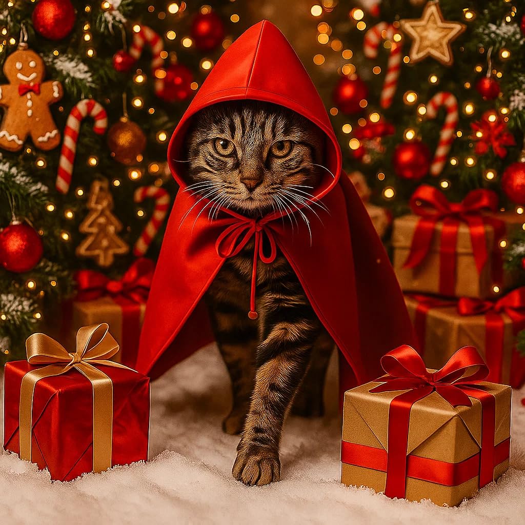 Red Cat Cloak with Hood for Indoor Cats, Funny Superhero Cosplay Halloween Costume for Pets, Cute Cape for Party Photos and Dress-Up – Big/Middle Size