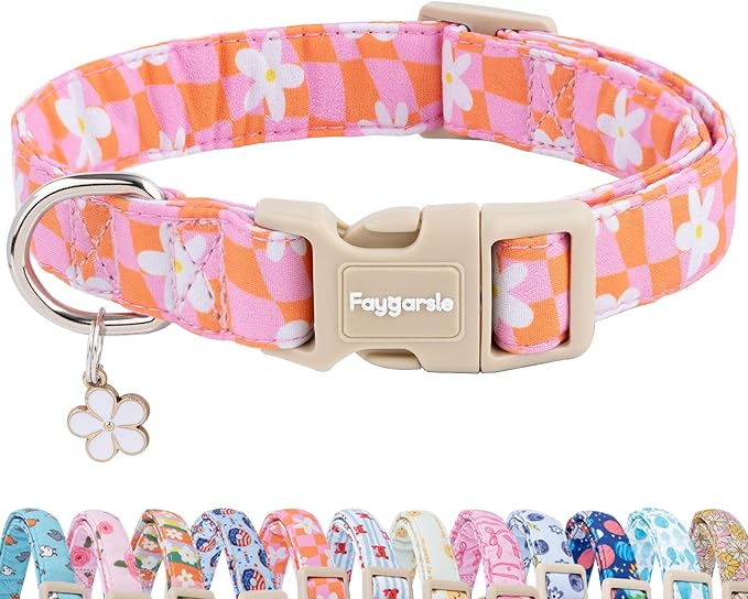 Faygarsle Floral Dog Collar, Pink and Orange Pattern with White Flowers, Spring Summer Design for Small Medium Large Dogs, S