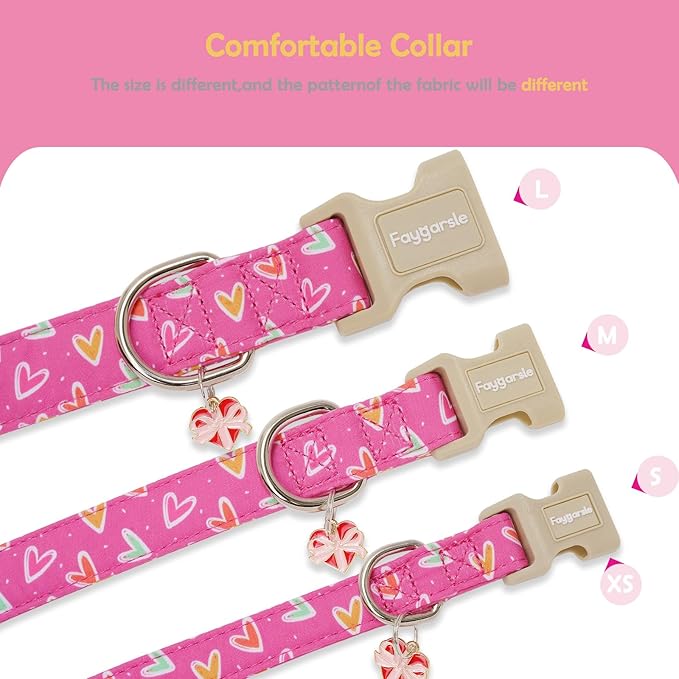 Faygarsle Valentine's Day Dog Collar, Pink Heart Pattern with Heart Charm, Pet Collar for Small Medium Large Dogs, L