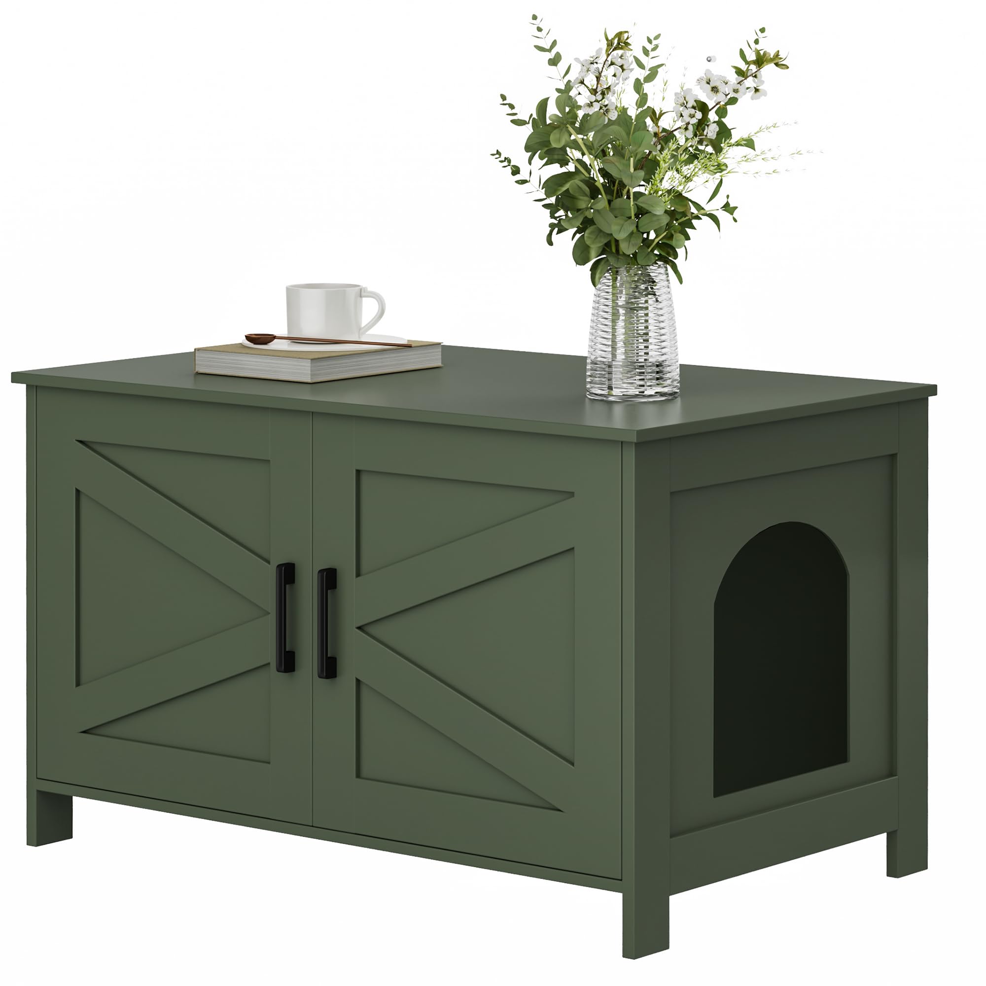 Homhedy 31.5" L Cat Litter Box Enclosure with Barn Door, Green