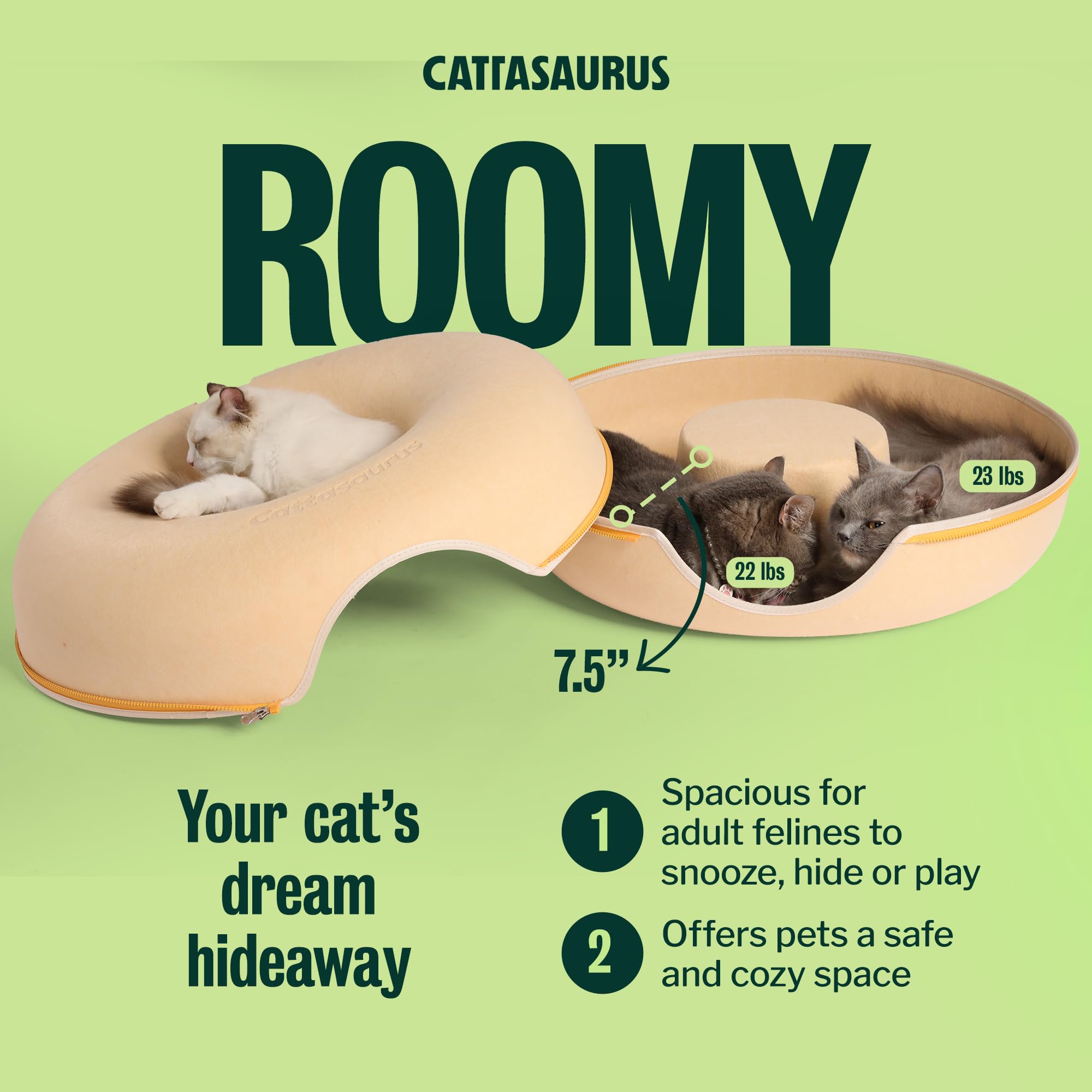 Cattasaurus Peekaboo Cat Cave Donut for Multiple & Large Cats up to 30-45 lbs, 3-in-1 Self Warming Cat Bed, Tunnel & Scratcher for Indoor Cats, Washable & Detachable Dog Bed (Pastel Macaron, Large)