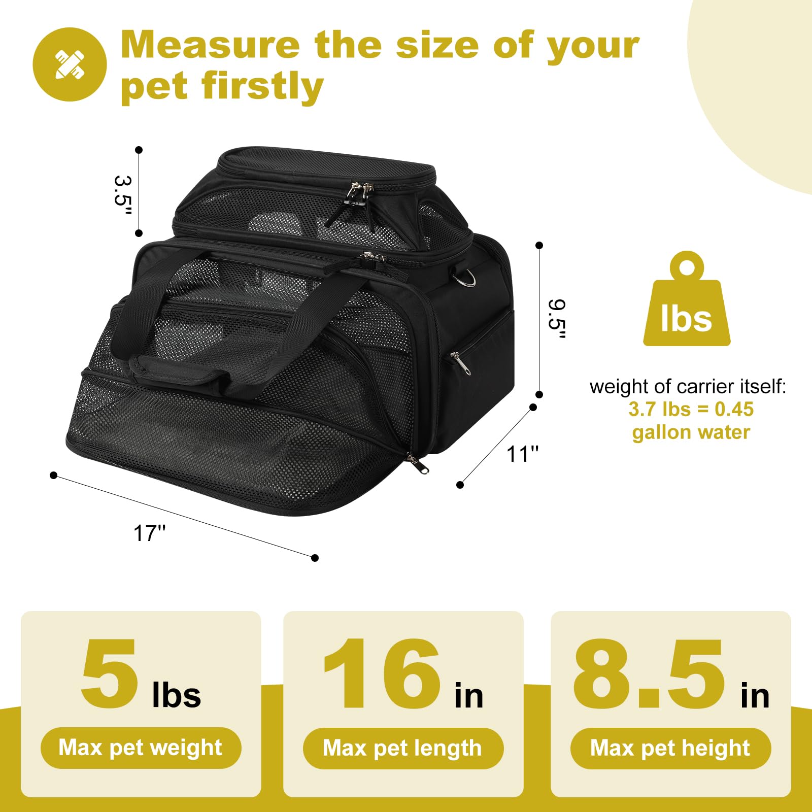 pidipiti 17x11x9.5 Soft-Sided pet Carrier,for Extra-Small Dog or Medium cat