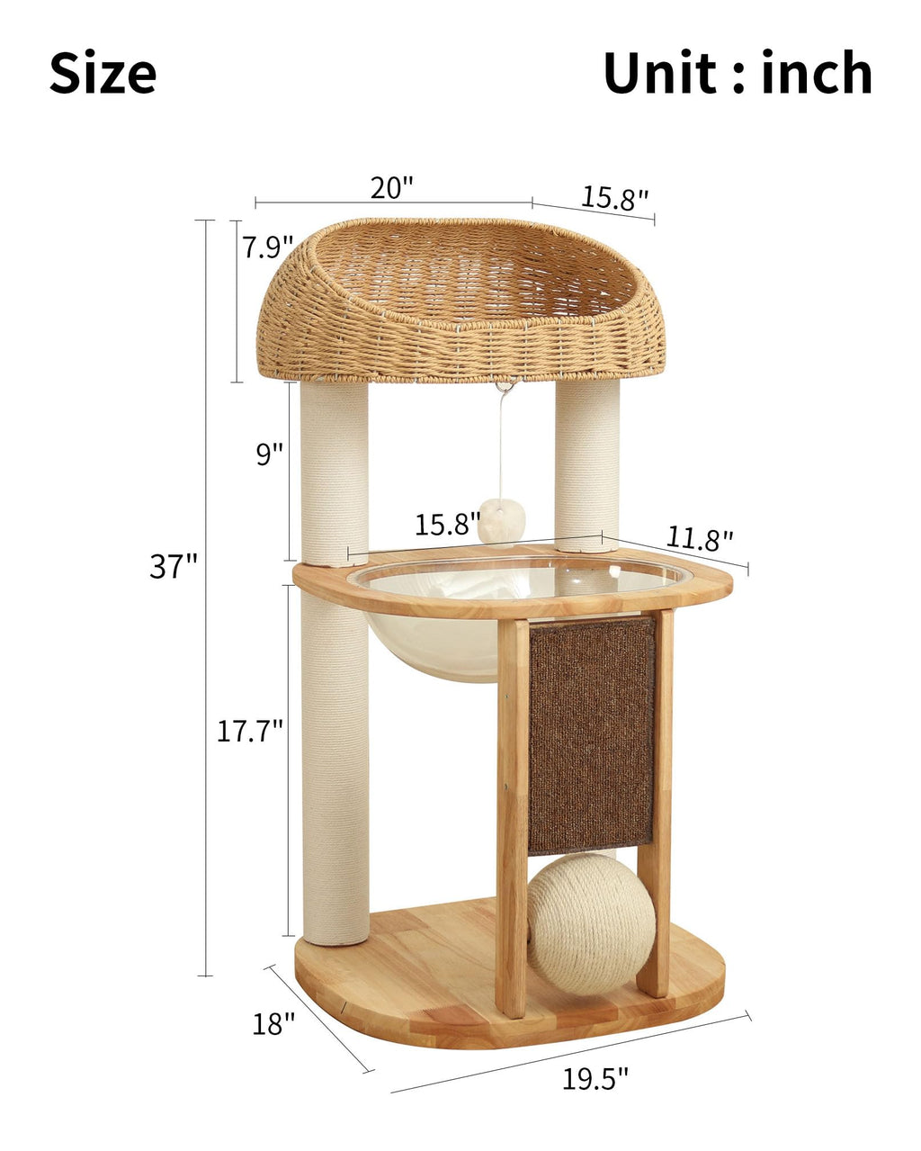 PETTIFUL Wood Cat Tree for Large Cats, Modern Cat Tree Tower with Wide Shelves Cotton Scratching Posts, Super Sturdy Base, Cozy Perches, and Interactive Toys for Indoor Kittens