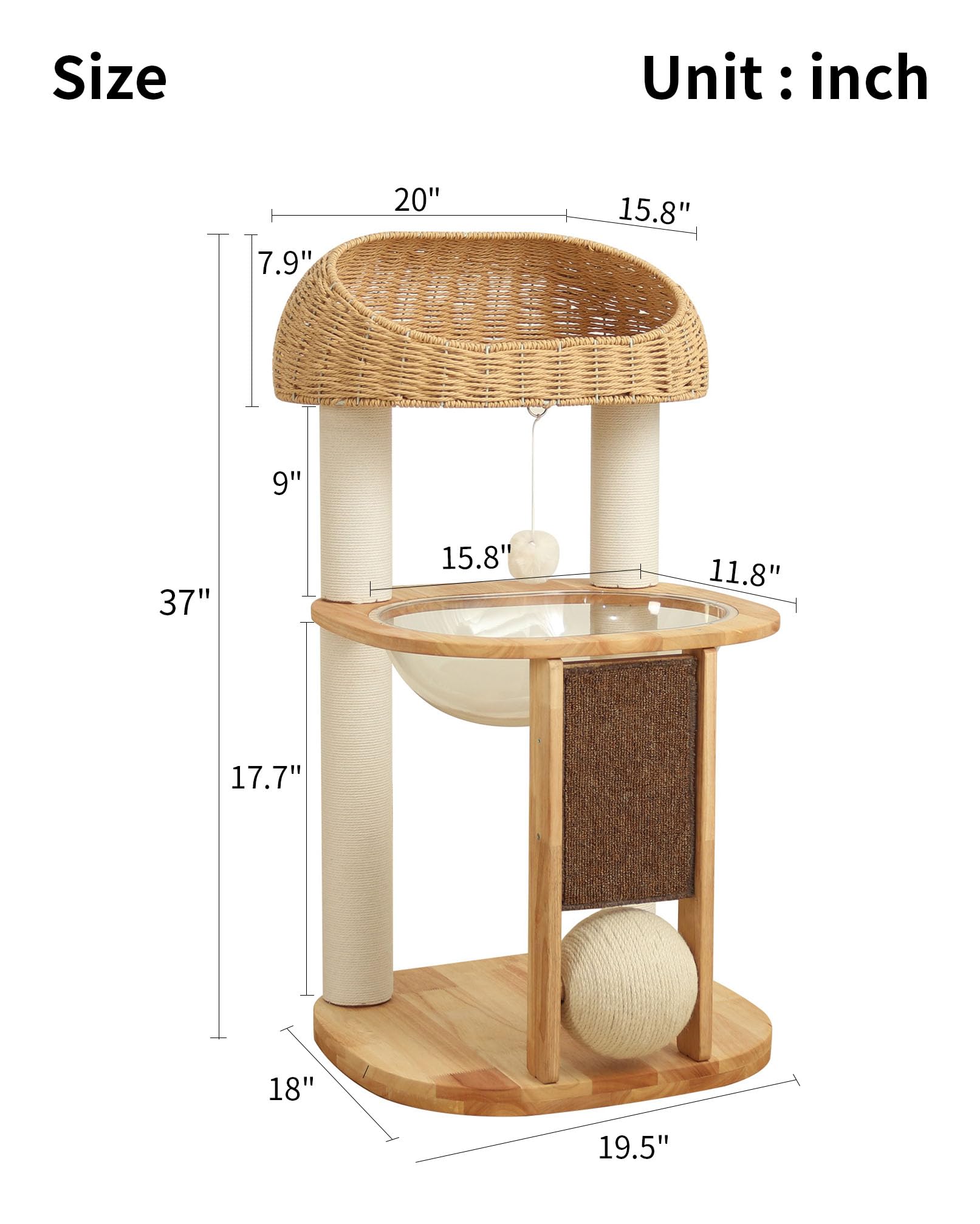 PETTIFUL Wood Cat Tree for Large Cats, Modern Cat Tree Tower with Wide Shelves Cotton Scratching Posts, Super Sturdy Base, Cozy Perches, and Interactive Toys for Indoor Kittens