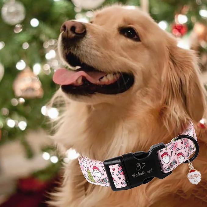 Babole Pet Christmas Dog Collar for Large Dogs - Cute Santa Print Pink Christmas Collars for Dogs, Soft Adjustable Winter Holiday Dog Collars with Quick Release Buckle L