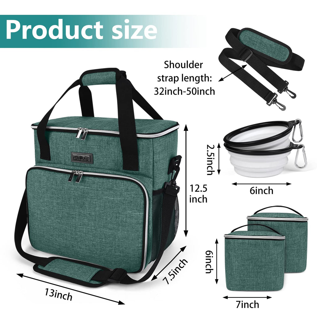 BAGLHER Pet Travel Set Airline-Approved Carrier for Small/Medium Cats & Dogs + Travel Bag with Food Containers & Silicone Bowls, Grey & Green
