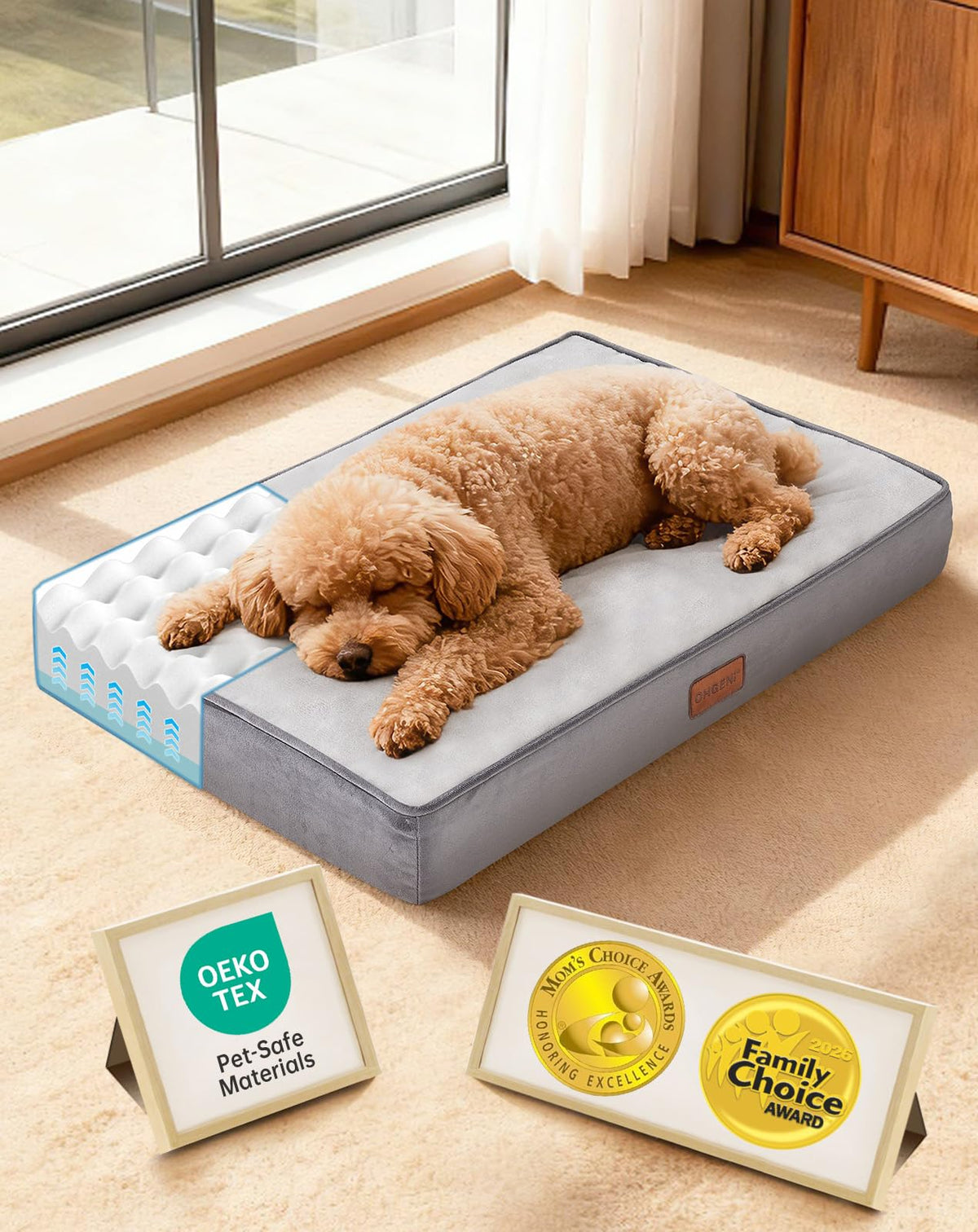 OhGeni Orthopedic Waterproof Large Dog Bed, Memory Foam, 41 inch-XL(Gray)