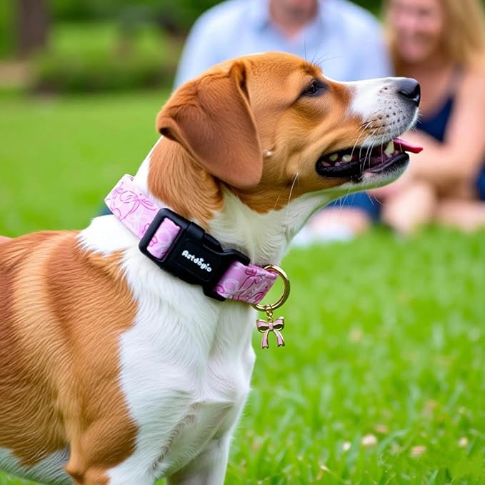 Astdogio Large Dog Collar, Girl Boy Dog Collars with Bow Pattern, Adjustable Cotton Pink Dog Collar for Puppy, Cute Holiday Collars for Dogs, Ideal for Gifts,Pet Accessory,Daily Walk-L