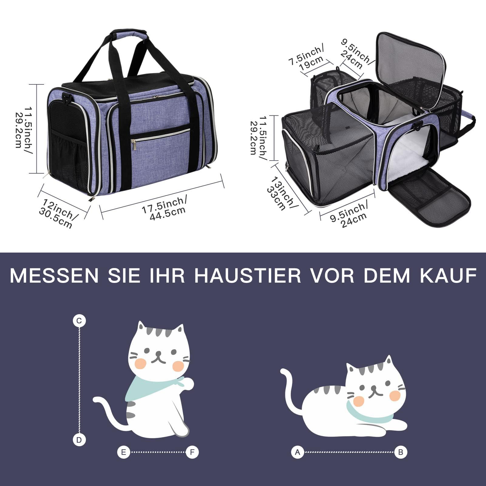 BAGLHER Expandable Cat Carrier with Travel Litter Box, Pet Travel 5 Sides Open Doors 3 Sides, Leak-Proof and Collapsible, for Car, Airplane Trip, Purple