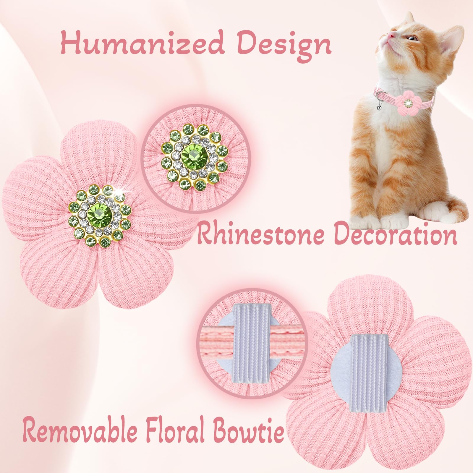 Cat Collar, HANSHILAI Kitten Collar with Bells, Cute Cat Collar Breakaway for Girl Boy with Flower,Collar para Gatos (Rhinestones Yellow & Pink & Orange & Purple)