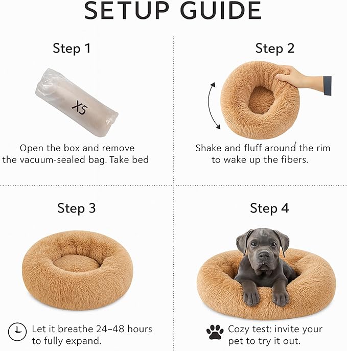 Calming Dog Bed - Fluffy Donut Cuddler for Anxiety Relief, Orthopedic Pet Bed with Non-Slip Bottom, Cozy Round Faux Fur Nest for Dogs and Cats, Plush Crate Mat for Comfort (Camel, Small +)