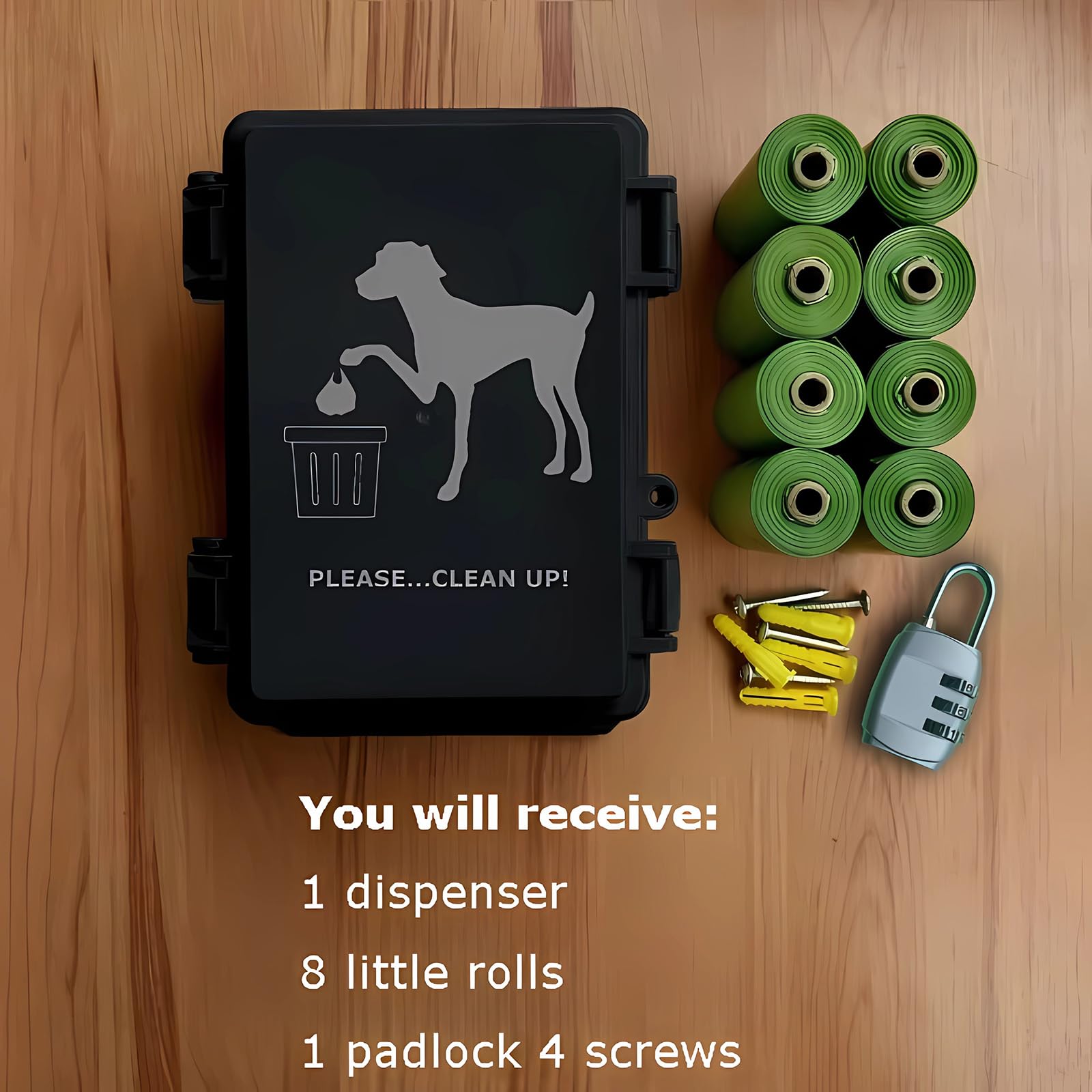 Dog Poop Bag Dispenser Wall Mounted Outside with Lock and 8 Small Rolls, Doggie Bag Holder For Backyard Post, Pole, Fence Mountable fits Home, Commercial Occasion(Black dispenser+8 rolls+lock)