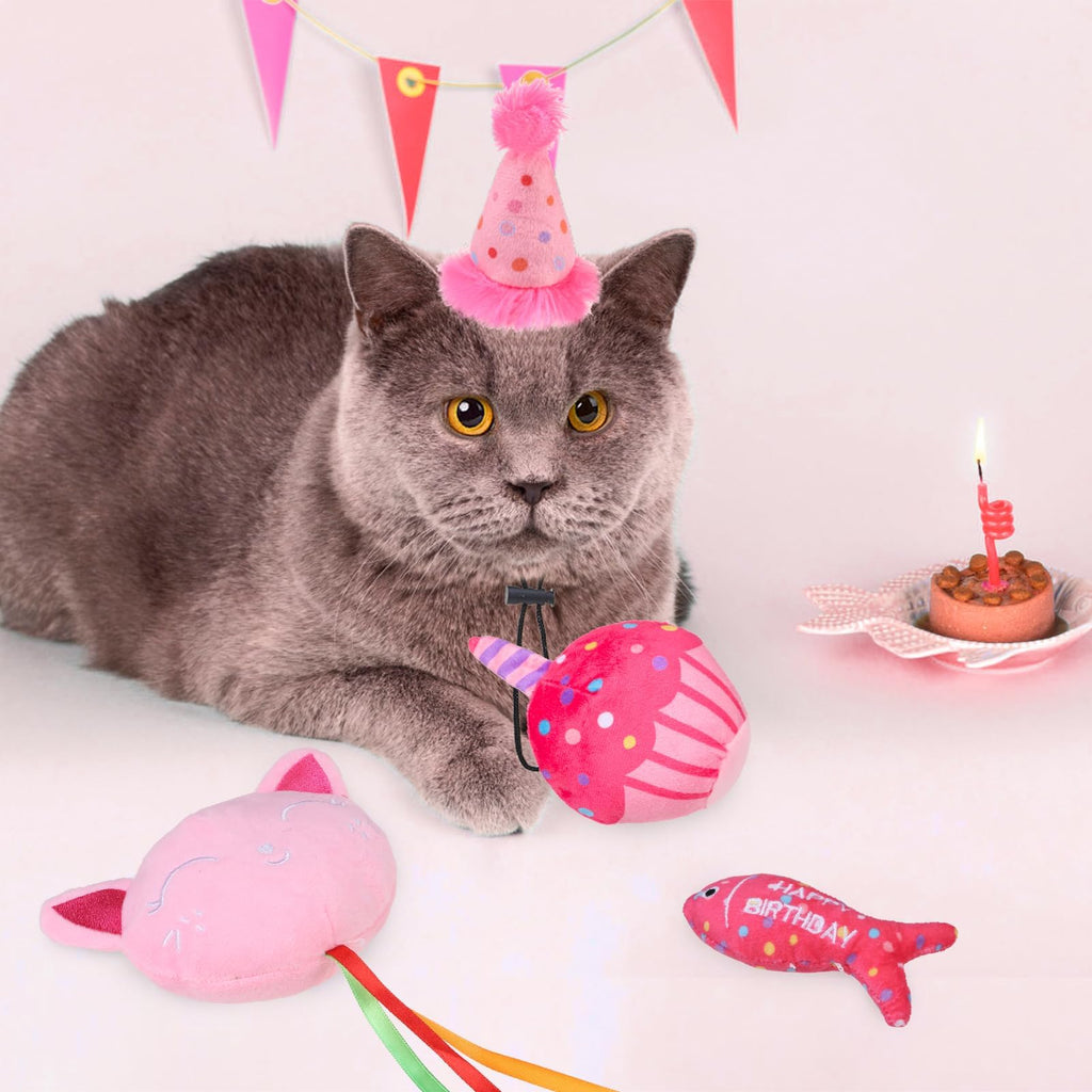 BINGPET Cat Birthday Catnip Toys for Indoor Cats, 5 Pcs Cat Birthday Gift Kitten Interactive Toys for Boy Girl Cats, Soft Plush Catmint Kitty Chew Kick Toy, Hat, Bandana, Balloon, Cake, Fish, Pink