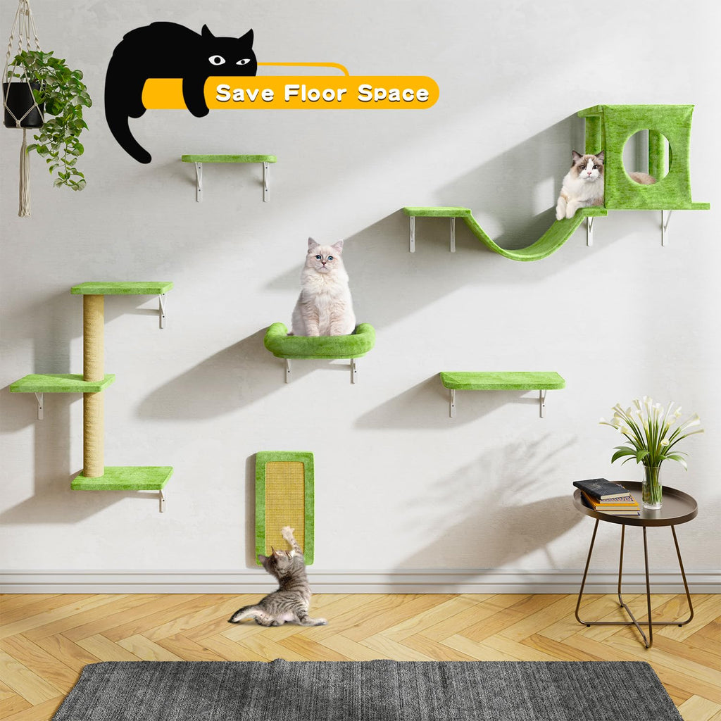 NUNU LAB Wall Mounted Cat Furniture Set - 6 Pcs Climber Set with House, Bridge, Steps, Scratcher Board - DIY Walls Playground, Indoor Cat Shelves - Green