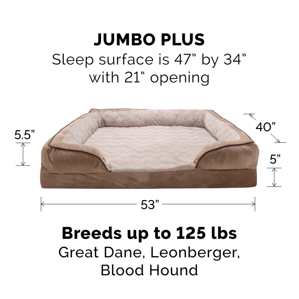 Furhaven Memory Foam Dog Bed for Large Dogs w/ Removable Bolsters & Washable Cover, For Dogs Up to 125 lbs - Plush & Velvet Waves Perfect Comfort Sofa - Brownstone, Jumbo Plus/XXL