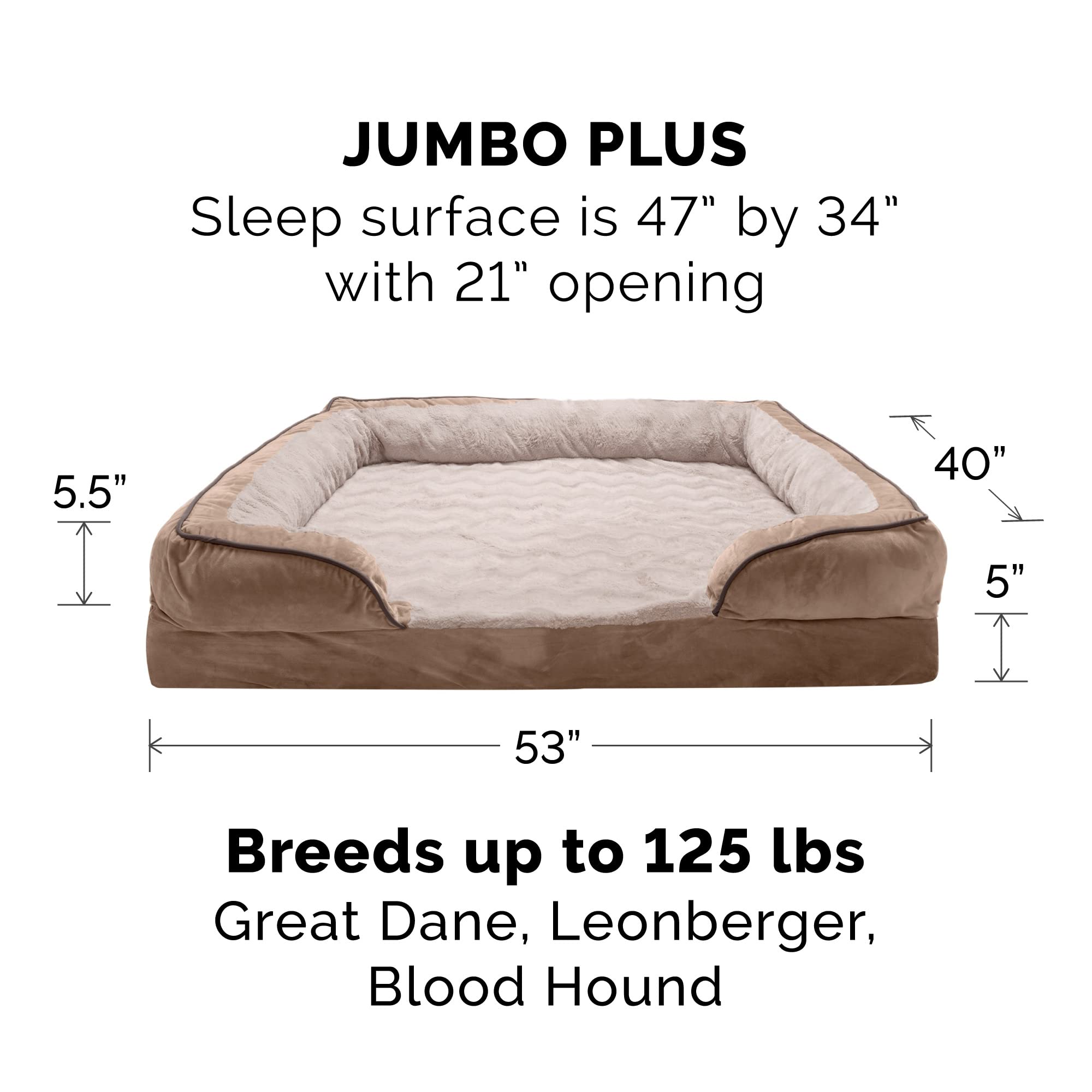 Furhaven Memory Foam Dog Bed for Large Dogs w/ Removable Bolsters & Washable Cover, For Dogs Up to 125 lbs - Plush & Velvet Waves Perfect Comfort Sofa - Brownstone, Jumbo Plus/XXL
