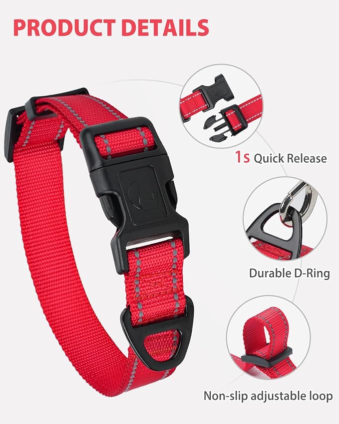 Joytale Extra Large Dog Collar, Wide Double-Sided Reflective Nylon Collar for Night Safety, Adjustable Quick-Release for Gentle Giants, Red, XL (1 1/4" Width)