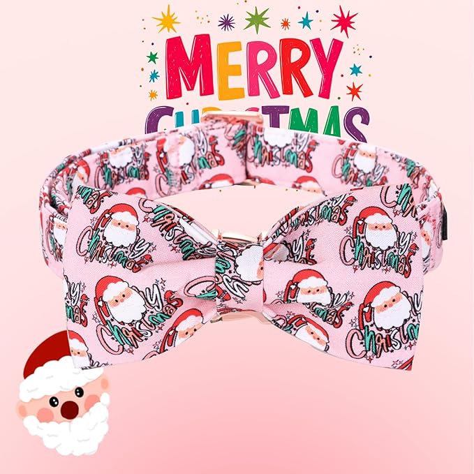 Bobo Rainbow Christmas Dog Collar, Pink Christmas Santa Claus Dog Collar Bow Tie Pet Collars with Bow Adjustable Pet Collars with Premium Metal Buckle Dogs Necklace for Medium Girl Dogs