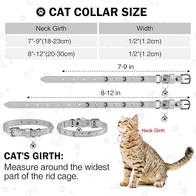 Leather Cat Collars for Boy Girl Cats with Bell and Safety Elastic Belt, Personalized Star and Moon Stud Adjustable Safe Buckle Collar for Kitty Small Big Cats Size 7-9 Inch, Silver Grey
