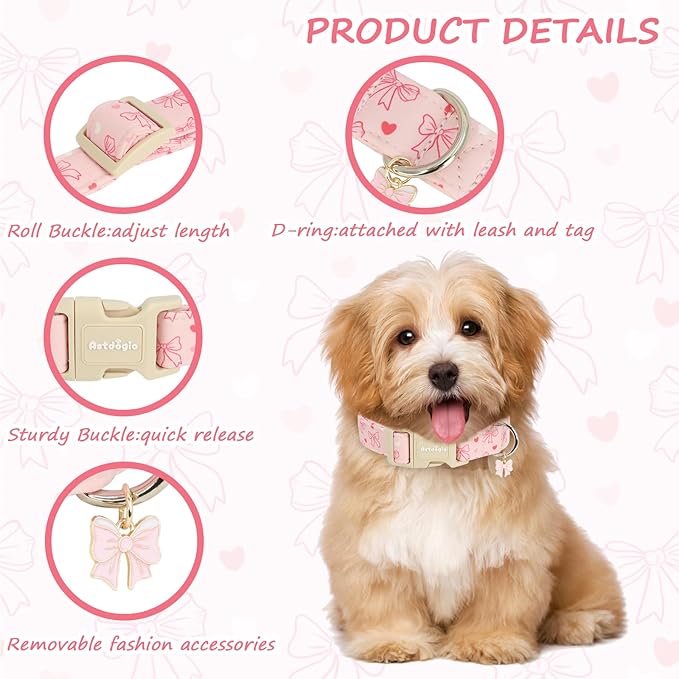 Pink Bow Dog Collar, Adjustable Cotton Dog Collar for Small Medium Large Dogs, Cute Puppy Collars for Girl Female Dogs, Ideal for Gifts,Pet Accessory,XS