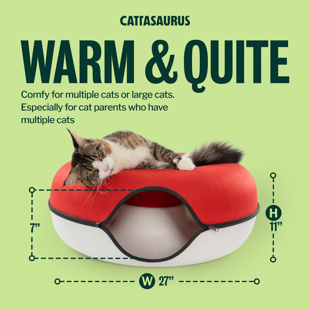 Cattasaurus Peekaboo Cat Cave, Extra Spacious for Multiple & Large Cats 12+ lbs, Scratch Detachable Cat Beds for Indoor Cats, Washable Tunnel Bed, Comfy Donut Tunnel (Ruby Snowball, Jumbo)