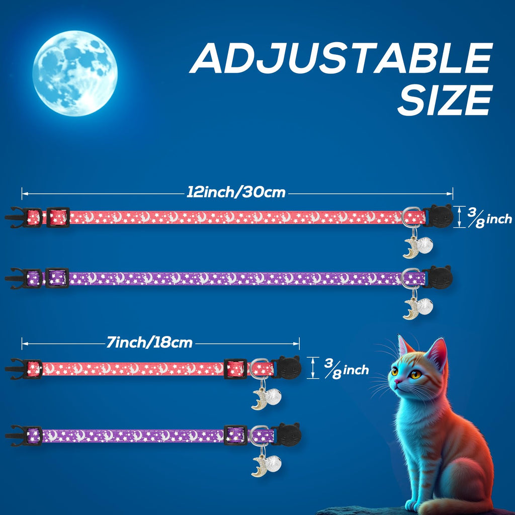 LAFAYI 4 PCS Breakaway Cat Collars with Bell Moons Stars,Kitten Collar and Adjustable with Pendant Glow,Cute Kitty Collar for Girl Boy Cats,Pet Gifts,Accessories(4 Colors)