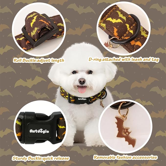 Astdogio Fall Dog Collar, Halloween Dog Collars for Small Dogs, Cotton Puppy Collar with Bat Pattern, Pet Collar for Small Medium Large Dogs, Girl Boy Dogs Collar with Quick Release Buckle-S
