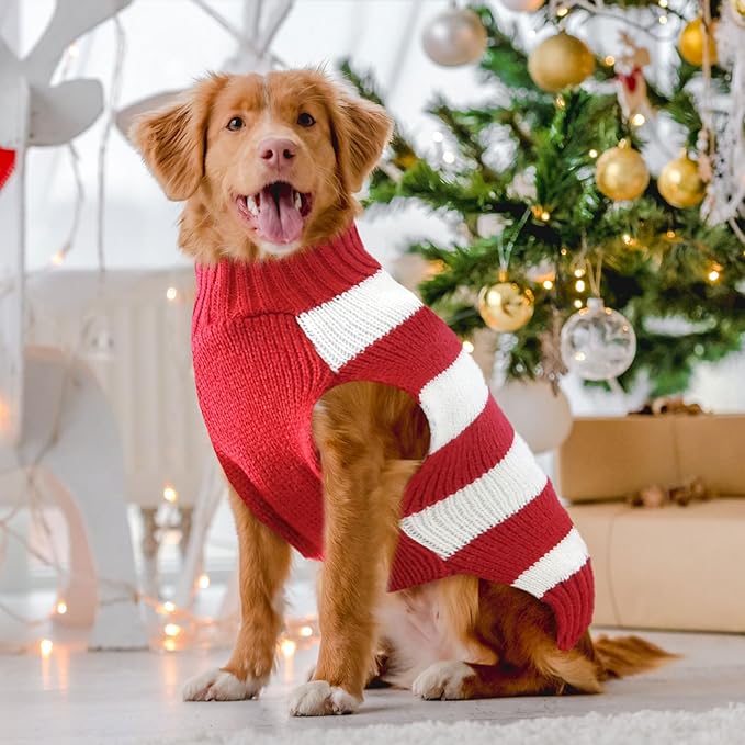 Dog Christmas Sweater Cute Striped Reindeer Xmas Pet Clothes Holiday Puppy Cat Costume New Year Gifts for Small Medium Large Dogs Jumpers (XXL, Red White Stripe Reindeer)