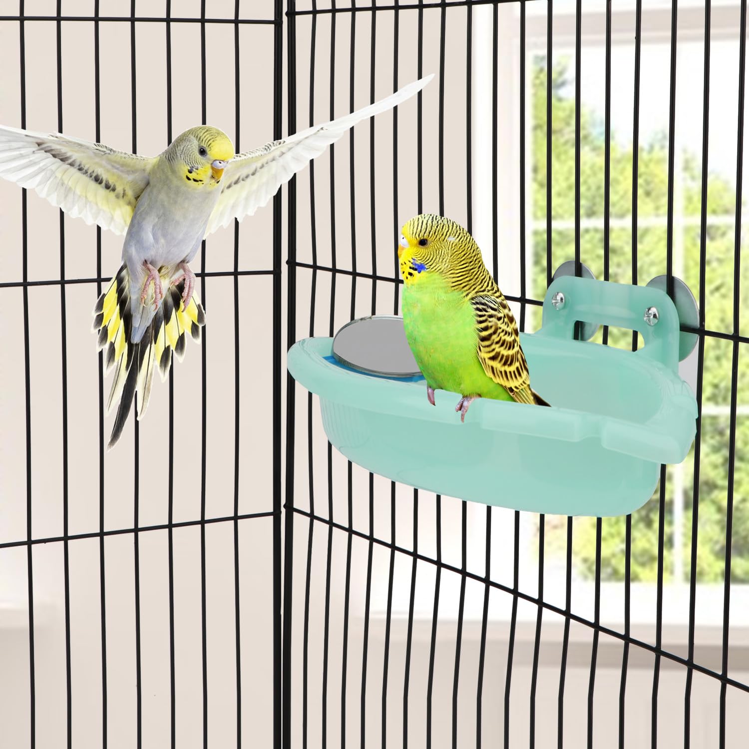 Wontee Bird Bath with Mirror for Small Birds Budgie Parakeet Cage, Green