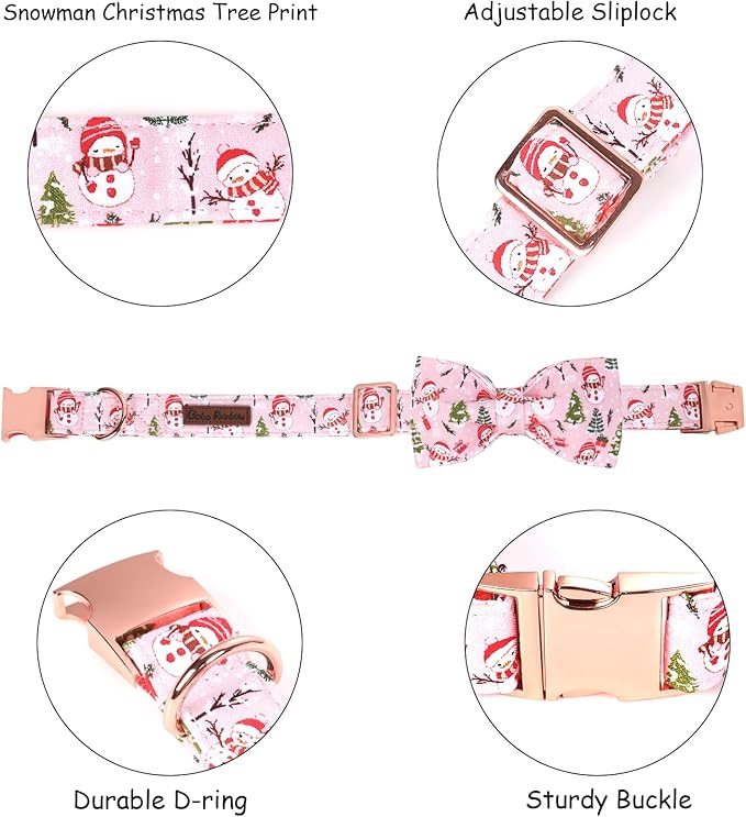 Bobo Rainbow Christmas Dog Collar, Christmas Tree and Snowman Print Cute Winter Holiday Collars Cotton Adjustable Comfortable Pink Dog Collar with Bow,Stylish Collars for Small Girl Dogs