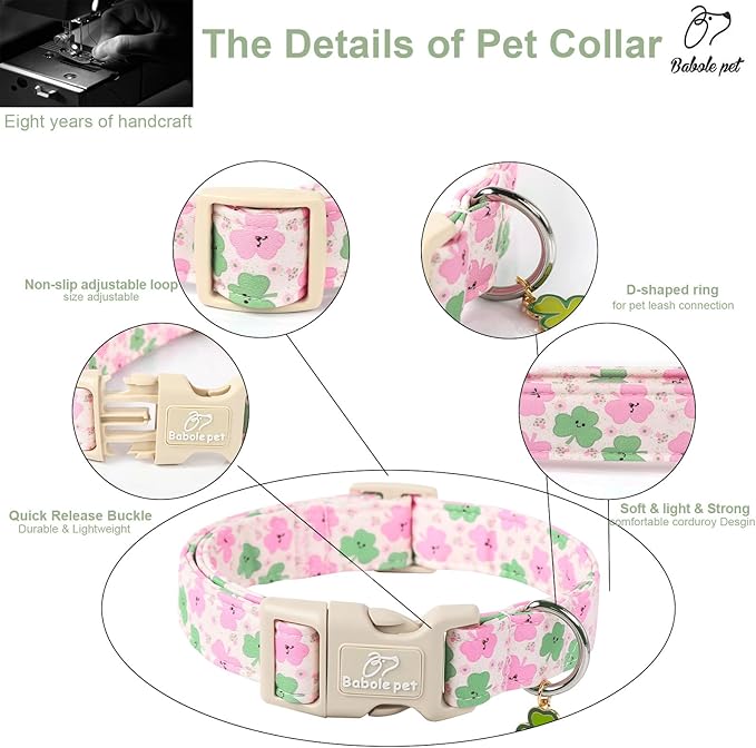 Babole Pet St Patricks Day Dog Collar for Large Dogs - Cute Light Pink Shamrock Girl Dog Collars, Adjustable Irish Clover Puppy Collar with Quick Release Buckle L