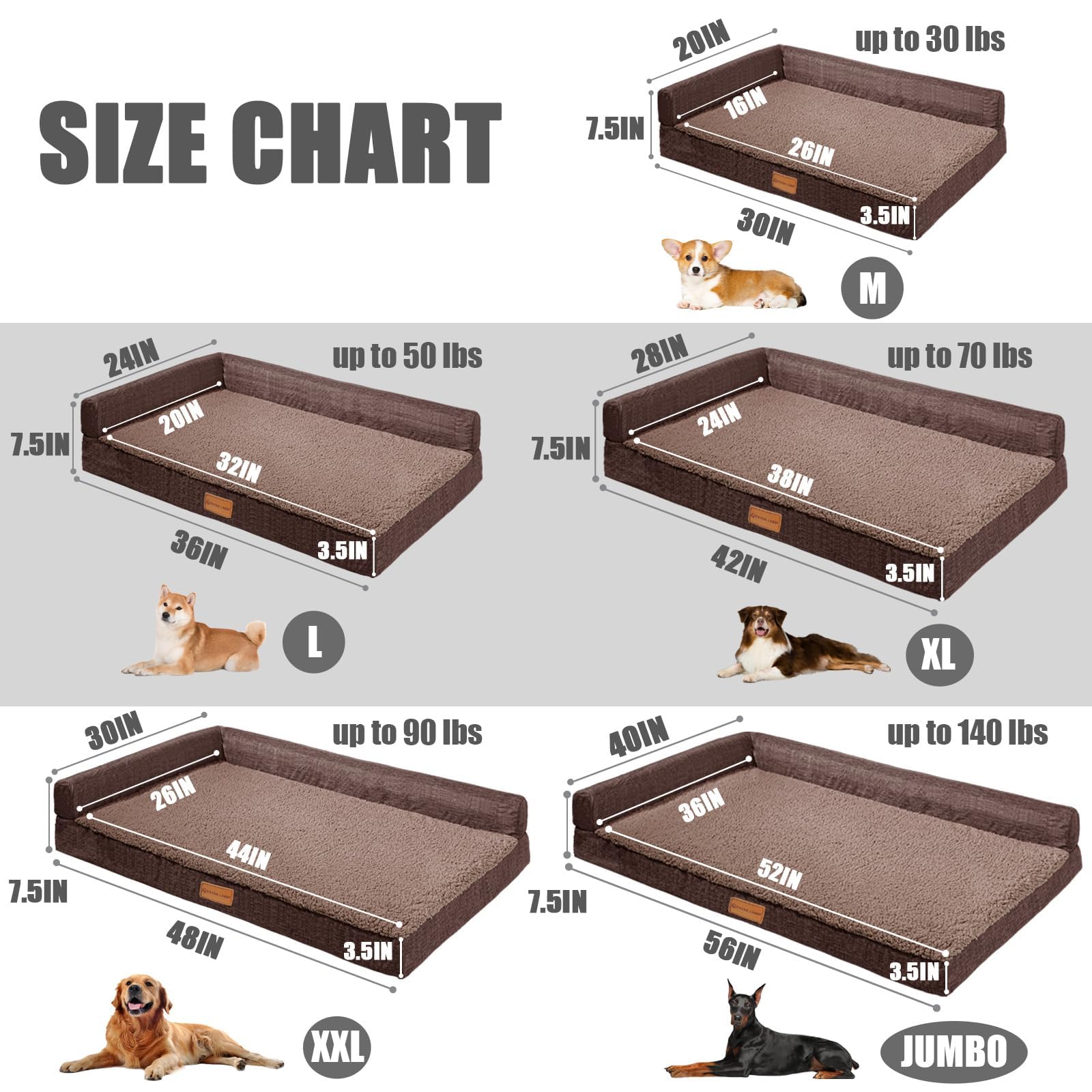 Patas Lague Orthopedic Large Dog Bed Washable Pet Sofa Bed 48''X30''Brown