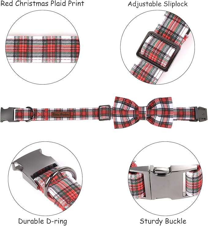 Bobo Rainbow Christmas Dog Collar, Red Plaid Cotton Collars with Bow Adjustable Pet Collar Premium Metal Buckle, Christmas Puppy Necklace for Large Girl and Boy Dogs