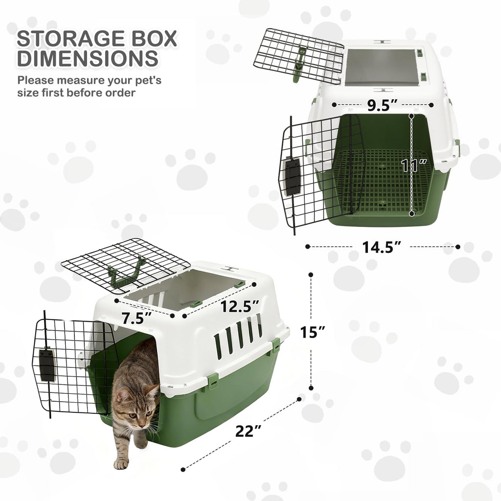 MoNiBloom 18-Inch 2-Door Top Loading Cat Carrier, Plastic Dog Crate Hard-Sided Dog Travel Carrier for Small Dogs and Cats, Ventilation and Security Lock Design for Pets up to 10 lbs (Green)
