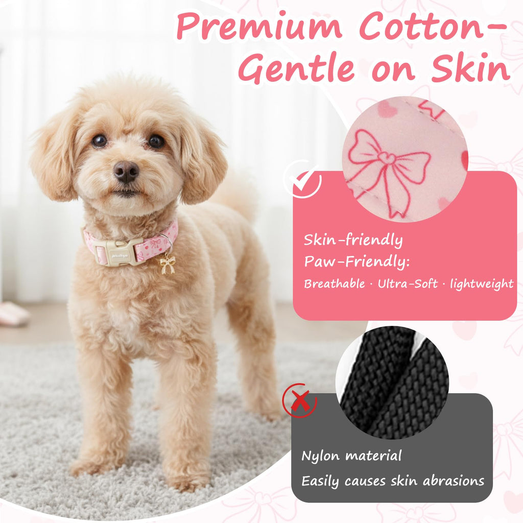 Astdogio Pink Bow Dog Collar, Adjustable Cotton Dog Collar for Small Medium Large Dogs, Cute Puppy Collars for Girl Female Dogs, Ideal for Gifts,Pet Accessory,M