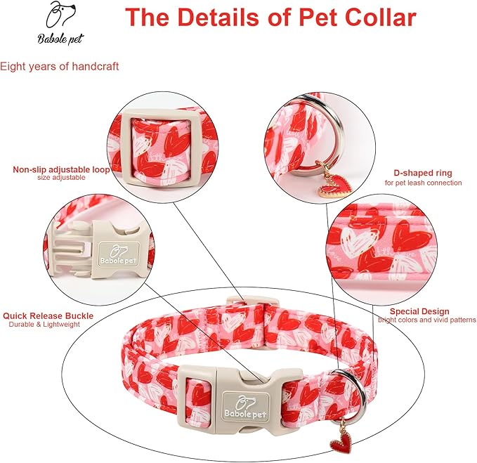 Valentines Dog Collar for Large Dogs - Cute Pink Girl Dog Collar, Doodle Heart Pattern, Adjustable Valentine Dog Collars with Red Heart Charm L